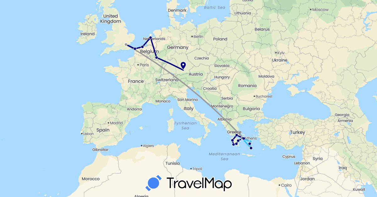 TravelMap itinerary: driving, plane, boat in Belgium, Germany, France, United Kingdom, Greece, Luxembourg, Netherlands (Europe)